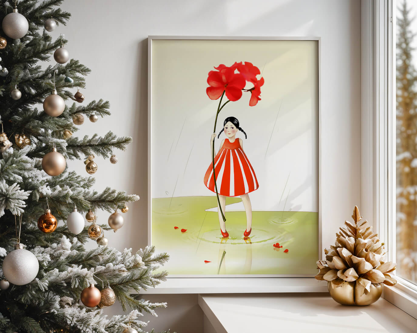 Young girl holding large red flower standing in puddle illustration