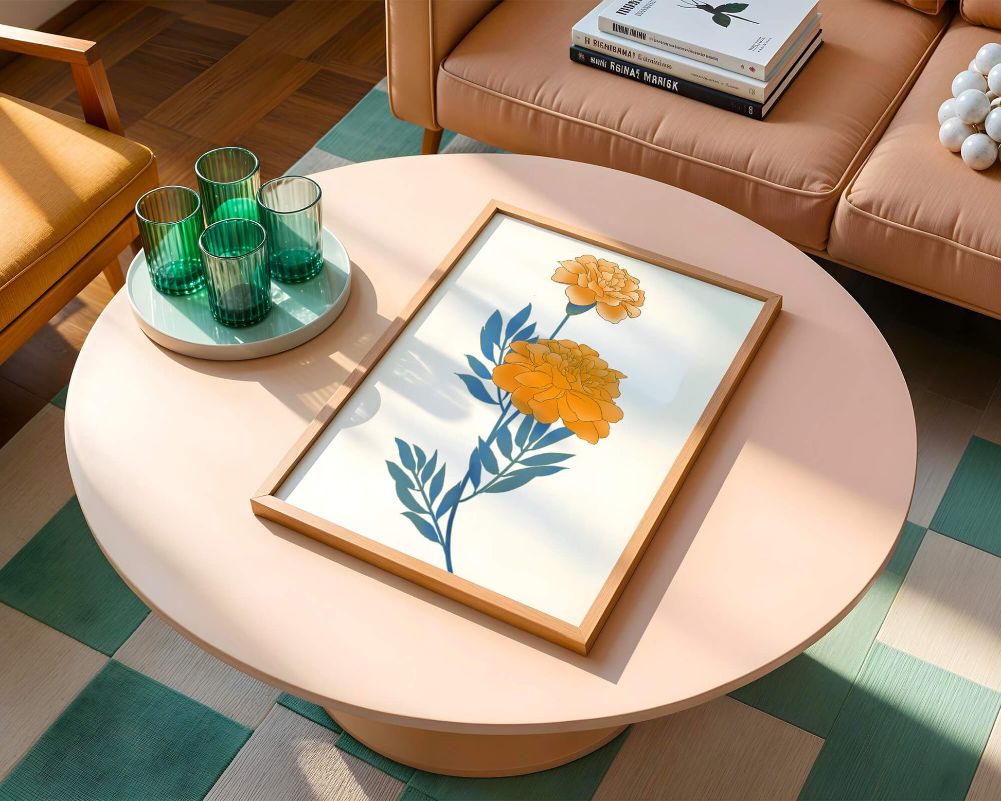 Elegante Illustration lebendiger Ringelblumen auf grünem Hintergrund