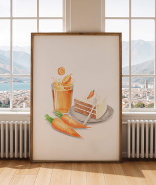 Illustration von Karottenkuchen und Saft mit frischen Karotten