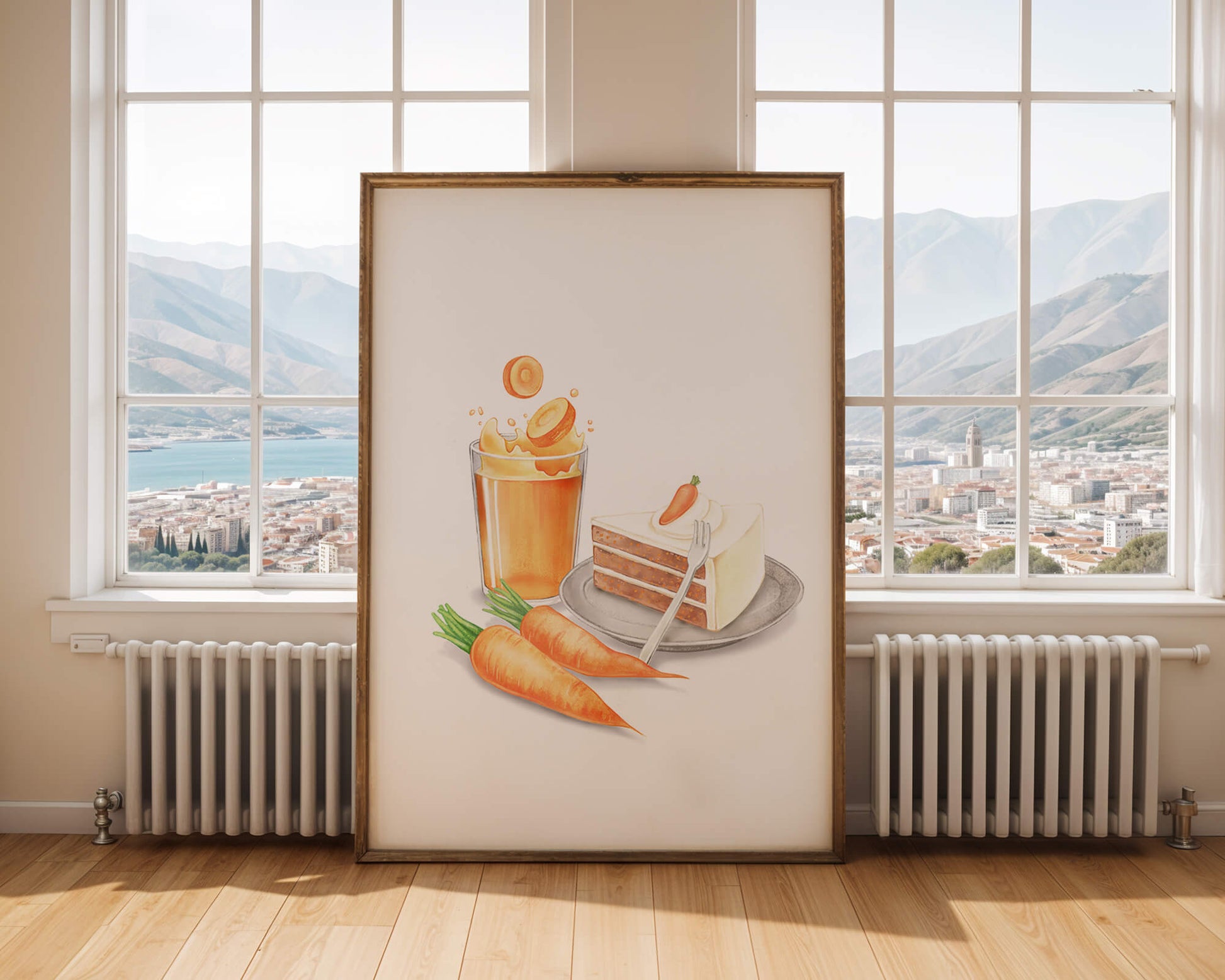 Illustration von Karottenkuchen und Saft mit frischen Karotten