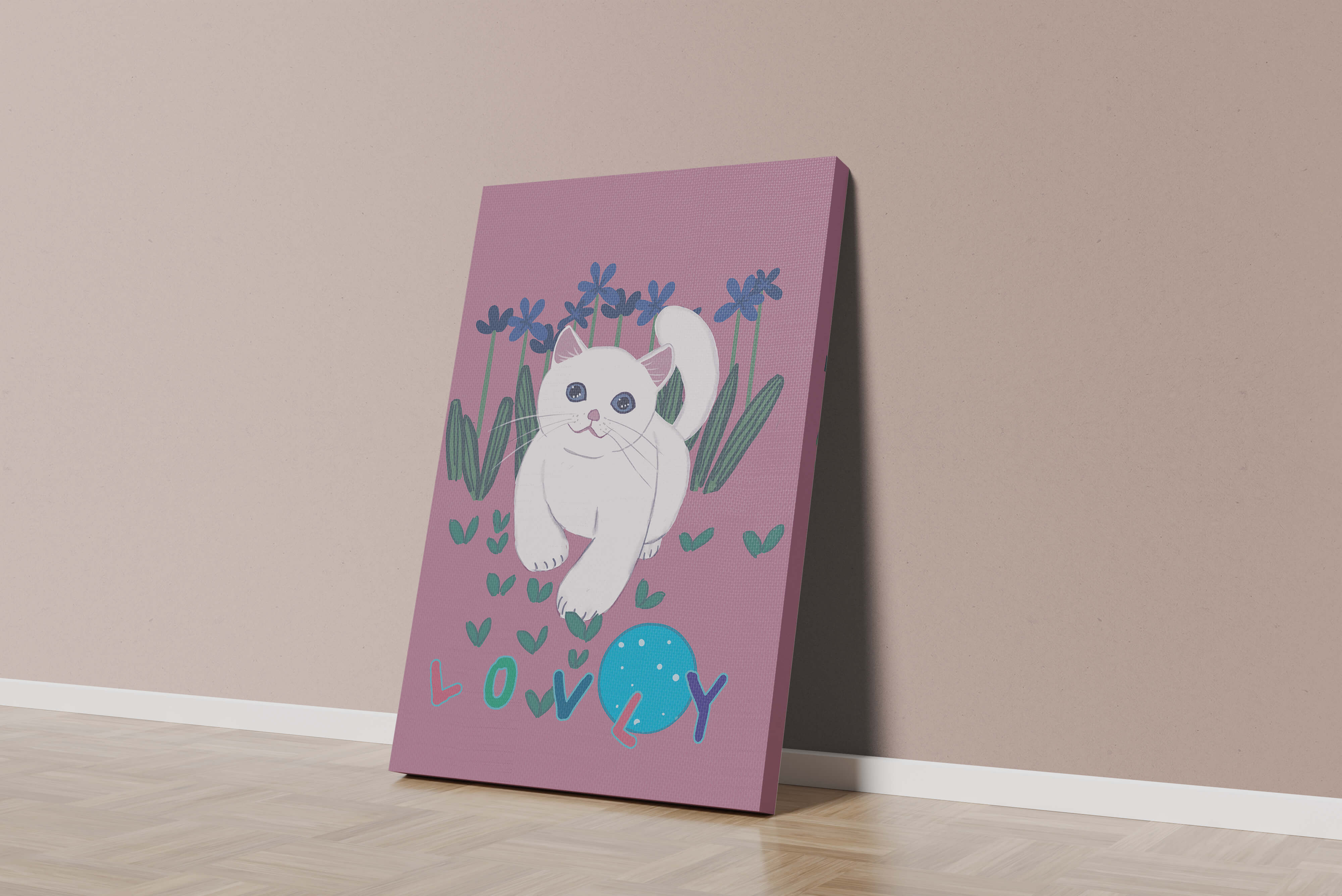 Charming illustration of a white cat in a floral field with playful text
