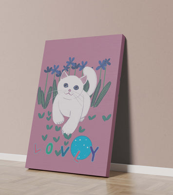 Charming illustration of a white cat in a floral field with playful text
