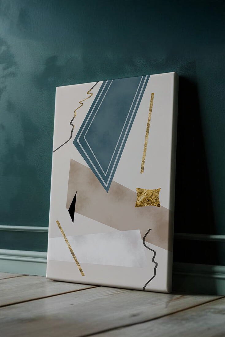 Abstract geometric artwork with gold accents and dynamic shapes