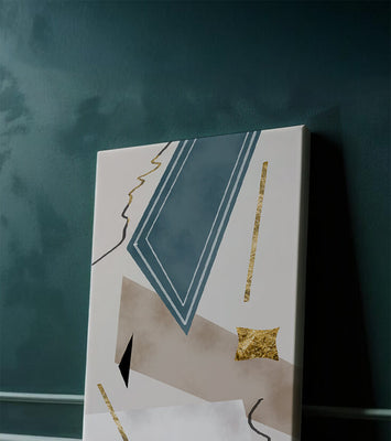 Abstract geometric artwork with gold accents and dynamic shapes