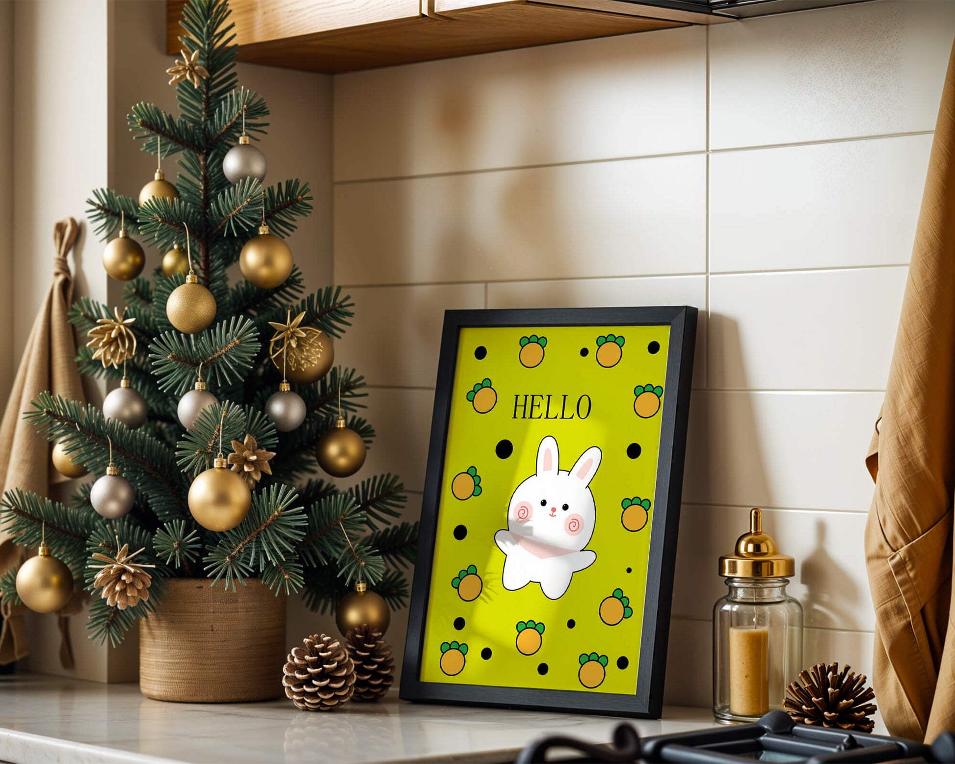 Charming rabbit cartoon illustration on yellow background with orange elements