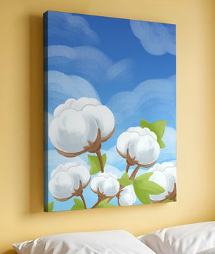 Künstlerische Illustration von Baumwollpflanzen vor einem klaren blauen Himmel