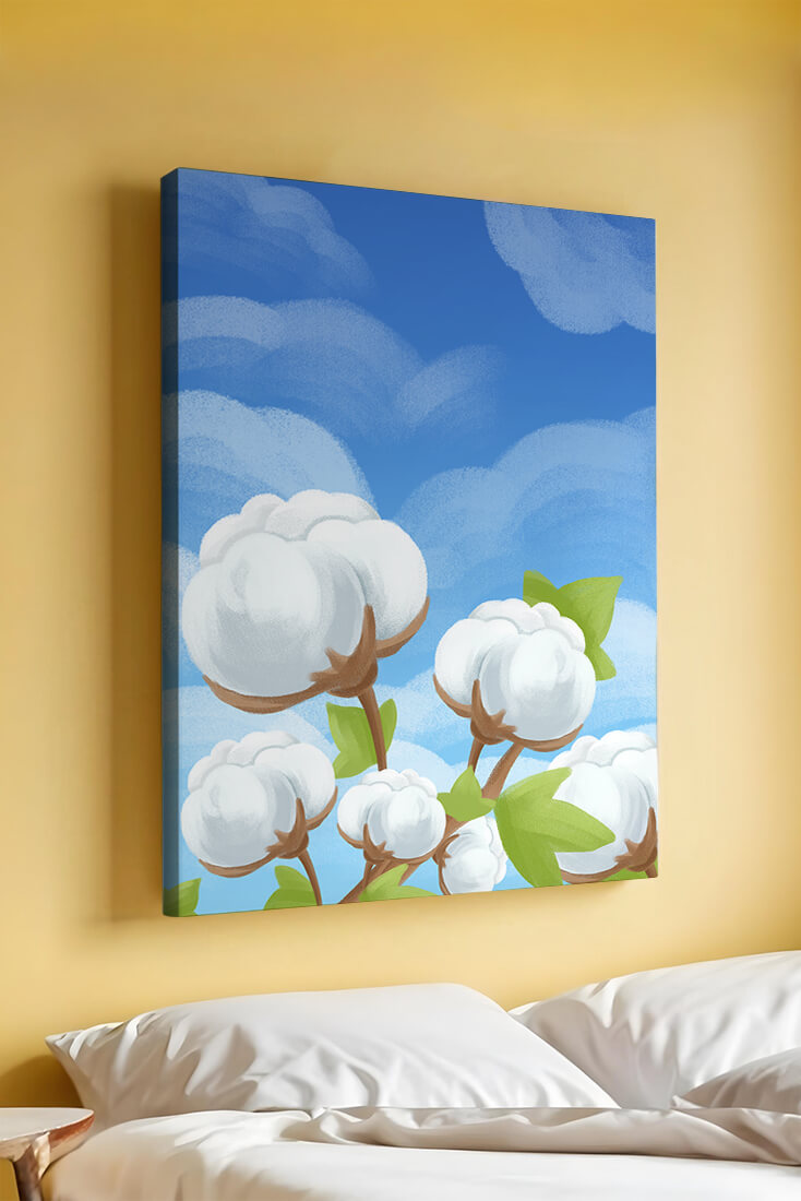 Künstlerische Illustration von Baumwollpflanzen vor einem klaren blauen Himmel