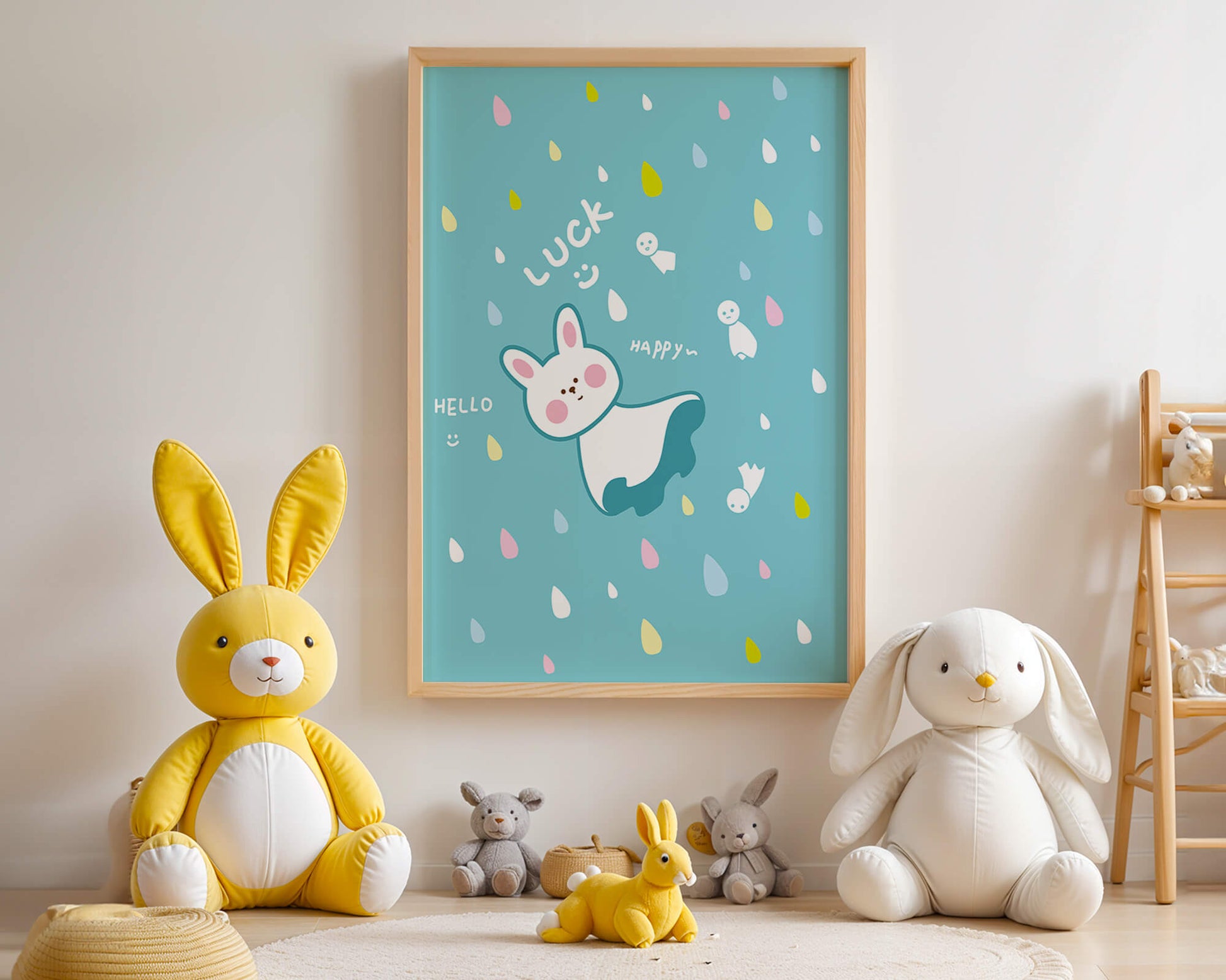 Adorable cartoon bunny with colorful drops on a blue background