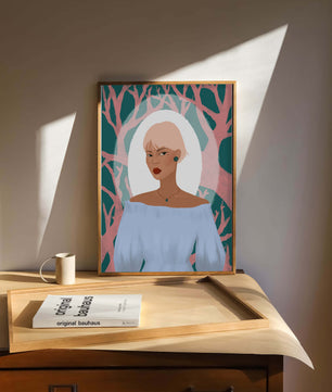 Illustration einer Frau mit einem pastellfarbenen Hintergrund aus abstrakten Bäumen
