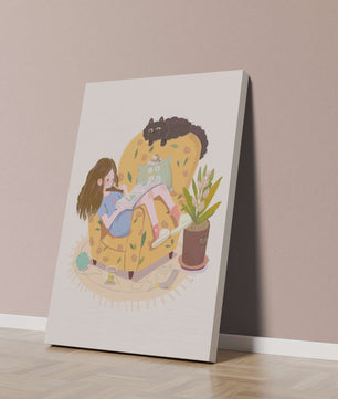 Cozy Reading Corner with Relaxed Girl and Cat