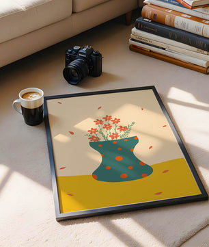 Floral Illustration with Polka Dot Vase on Colorful Background - Mi tienda