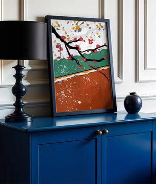 Artistic depiction of blossom branches with gold elements and abstract background