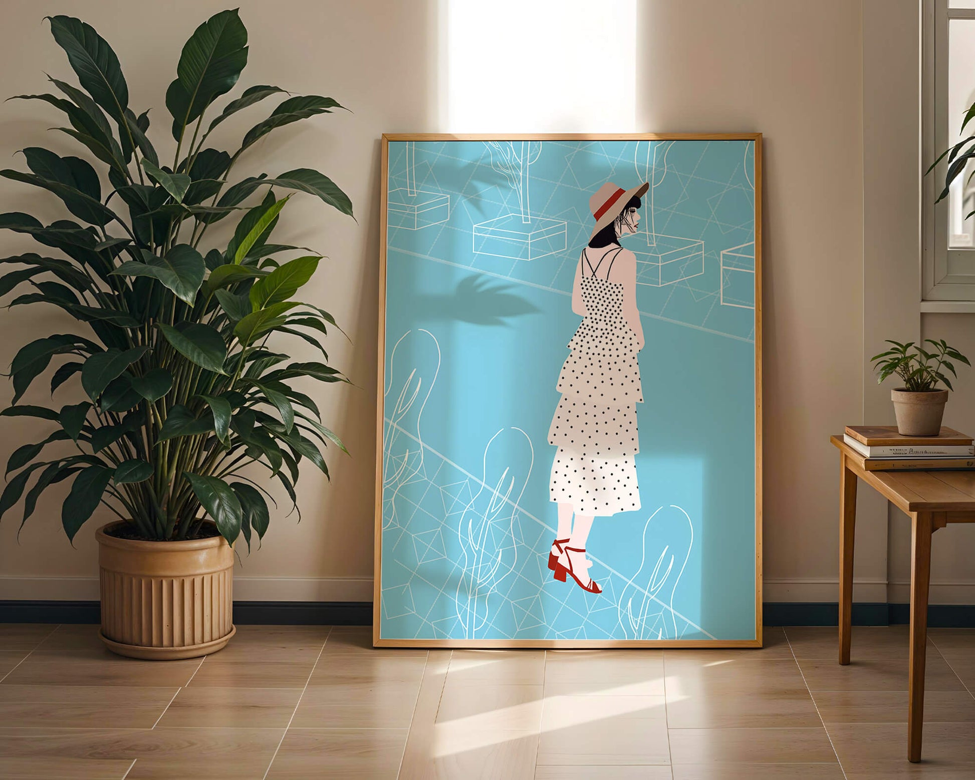 Stylish woman in polka dot dress with hat in modern abstract scene