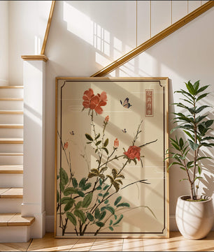 Delicate Floral Art with Red Flowers and Butterflies