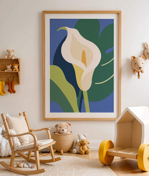 Ilustración floral abstracta con fondo verde y azul
