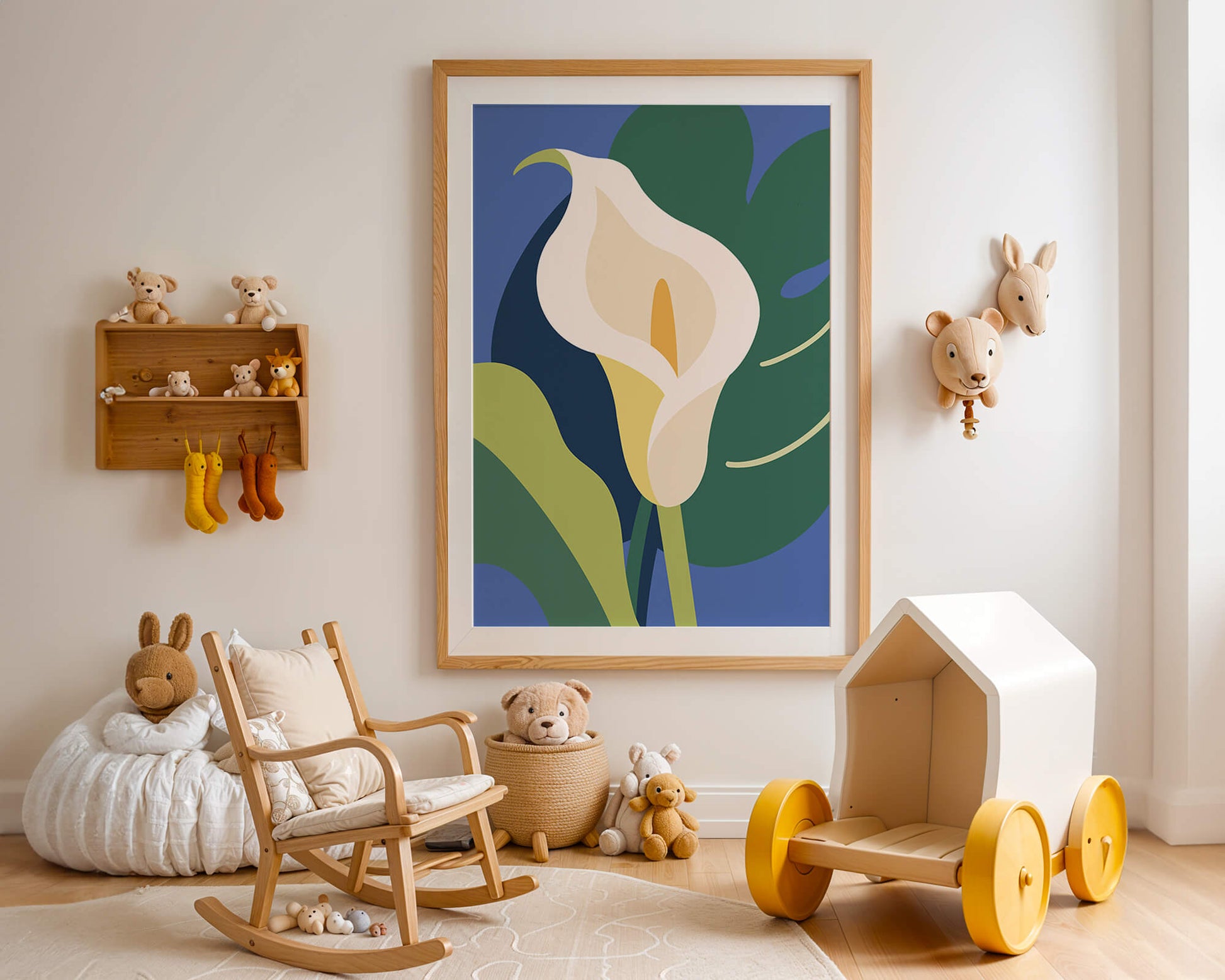 Ilustración floral abstracta con fondo verde y azul