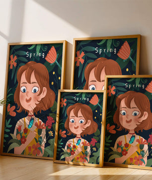 Ilustración primaveral encantadora con flores y mariposa
