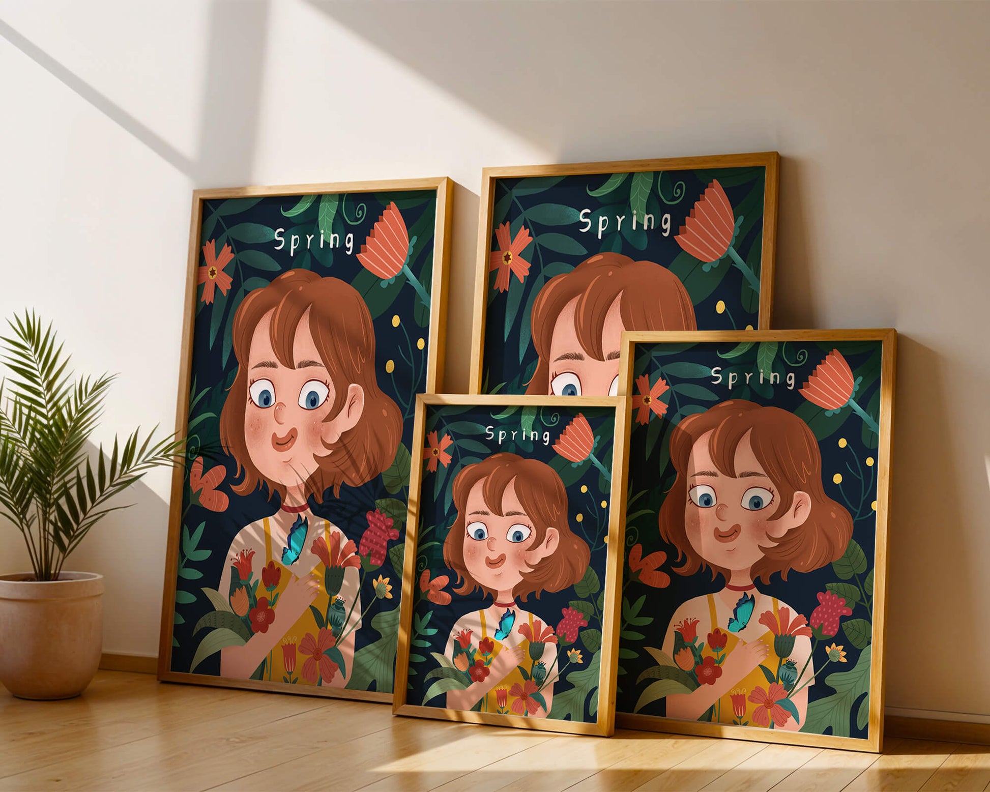Ilustración primaveral encantadora con flores y mariposa