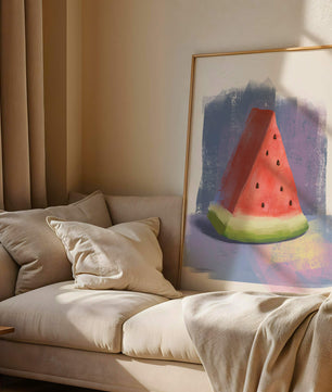 Ilustración en acuarela de una rodaja de sandía con fondo abstracto