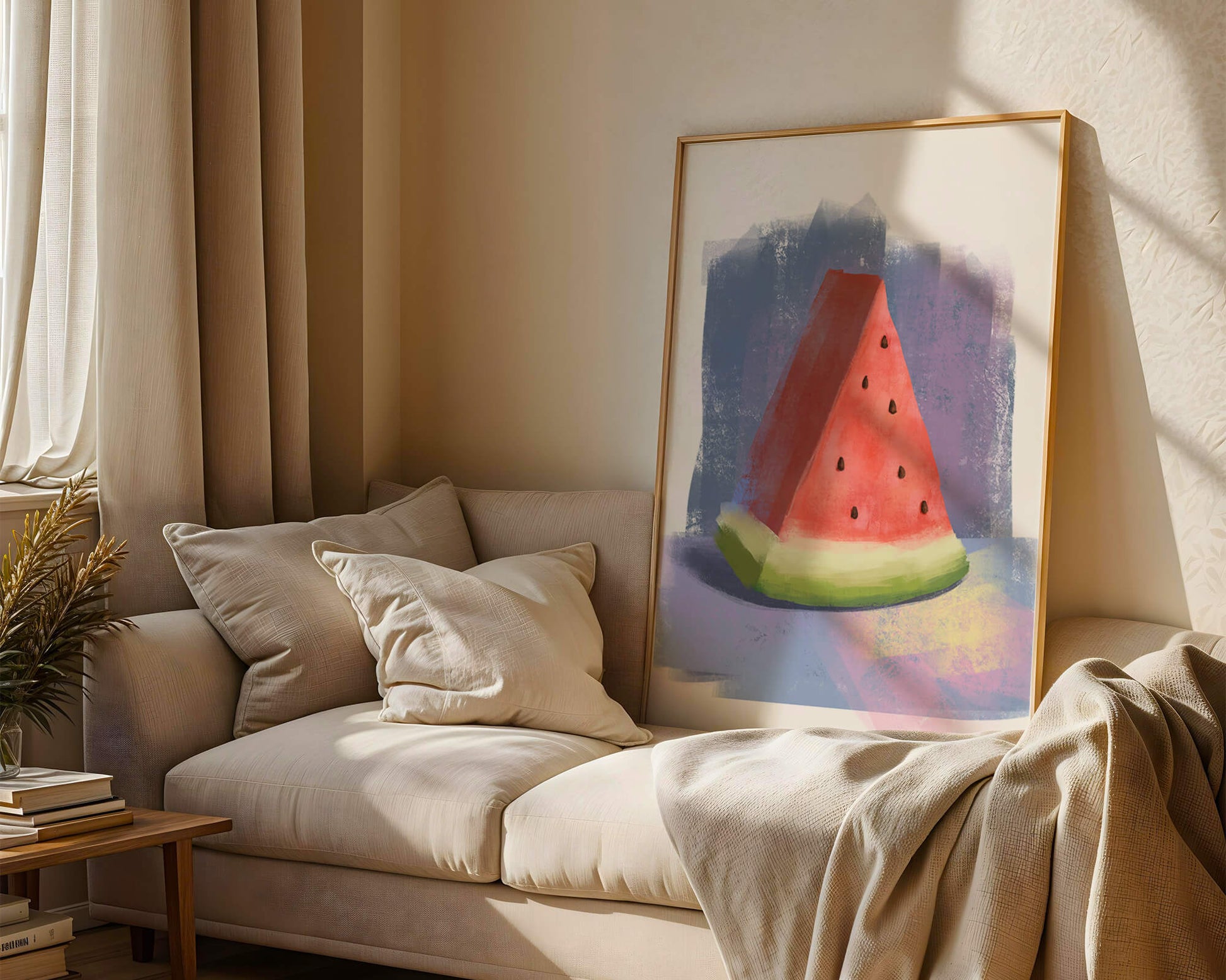 Watercolor illustration of a watermelon slice with abstract background