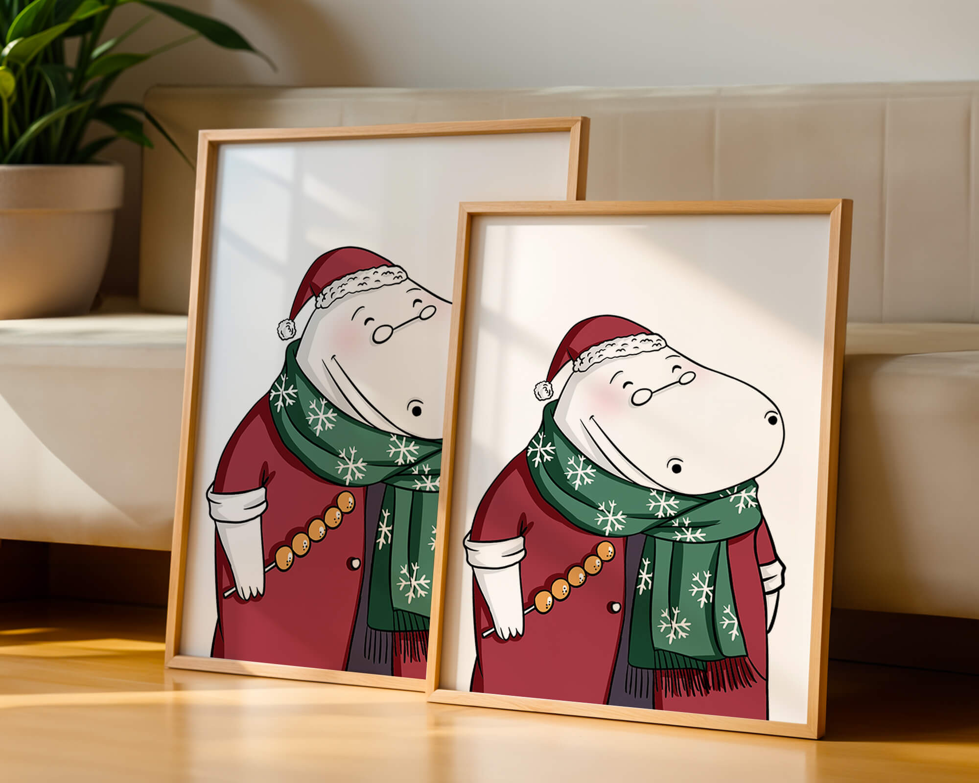 Festive hippo in a red outfit with a green snowflake scarf