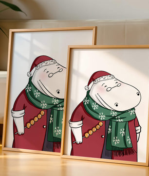 Festive hippo in a red outfit with a green snowflake scarf