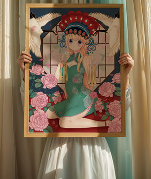Chica anime elegante con atuendo tradicional y detalles florales y de grulla
