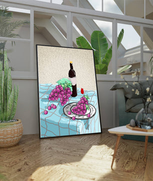Still Life with Grapes and Wine Bottle on a Checkered Tablecloth - Mi tienda
