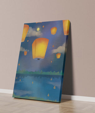 Lanterns Floating in Night Sky over Reflective Lake