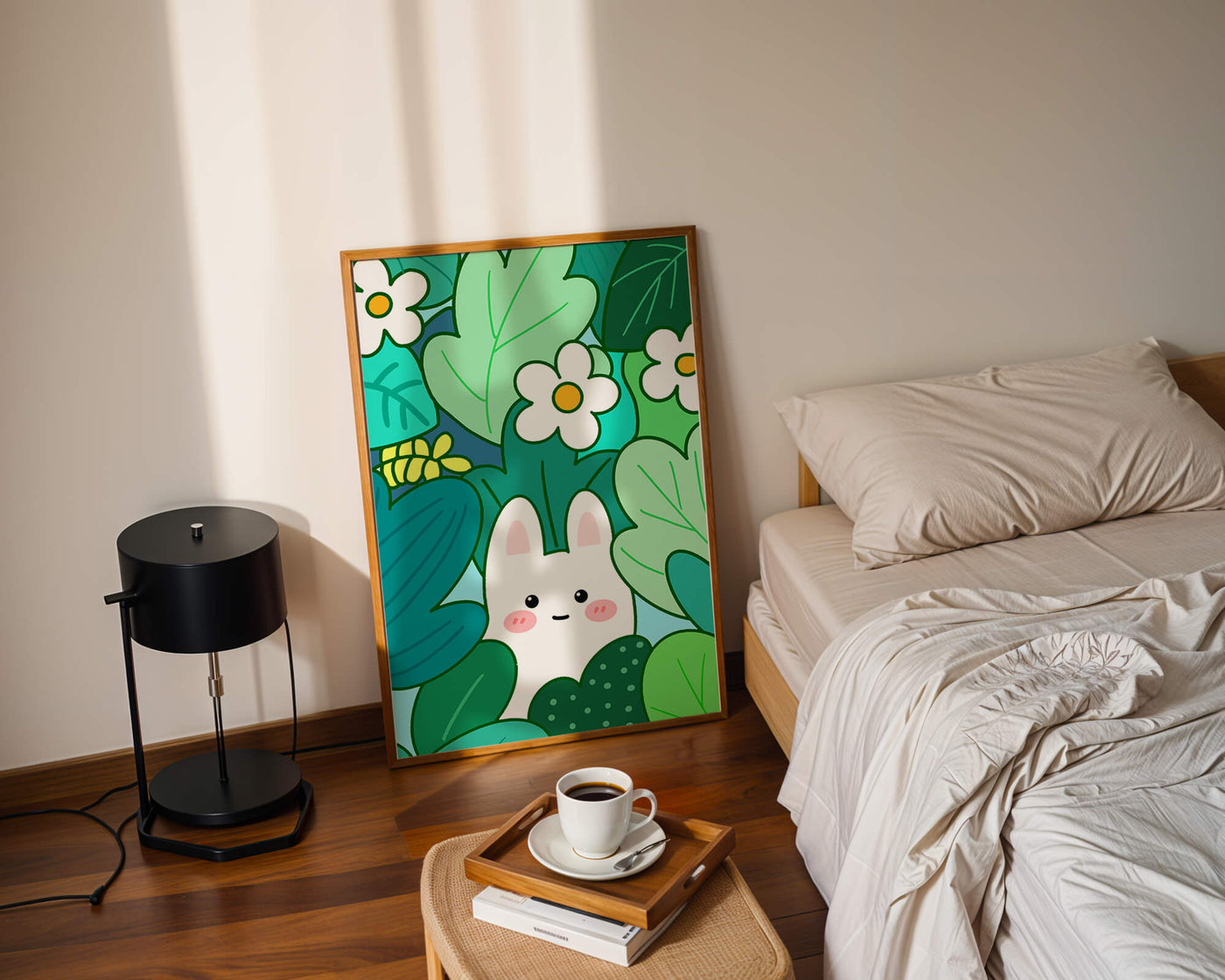 Illustration of a cute rabbit hidden among flowers and greenery