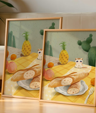 Gato con gafas de sol en un entorno tropical con baguettes y frutas