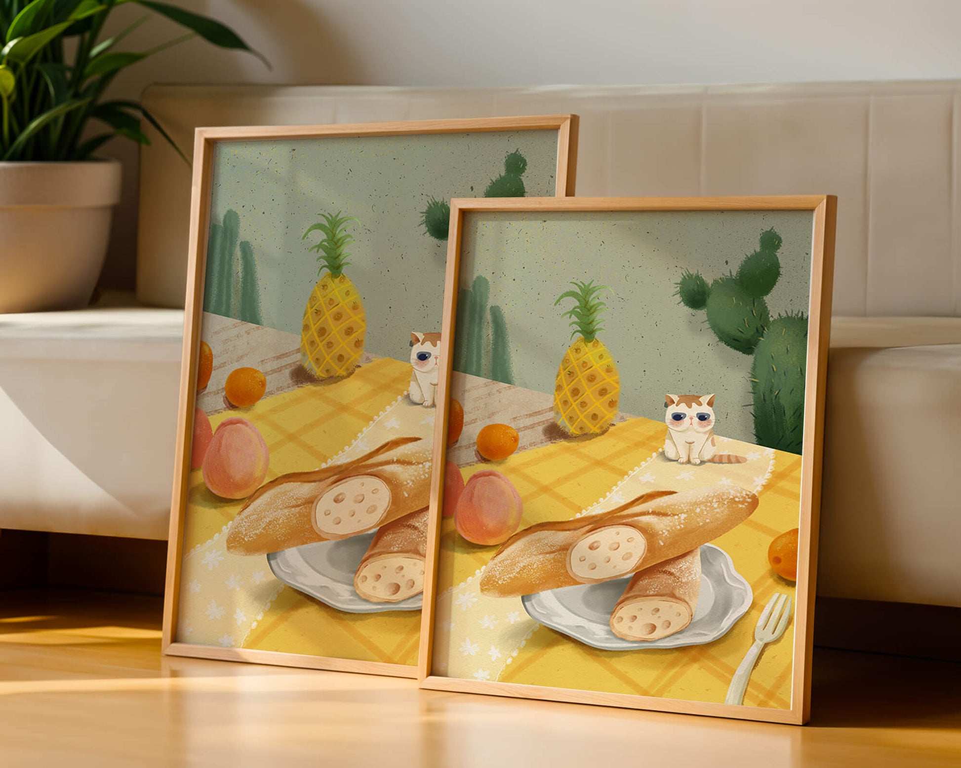 Gato con gafas de sol en un entorno tropical con baguettes y frutas