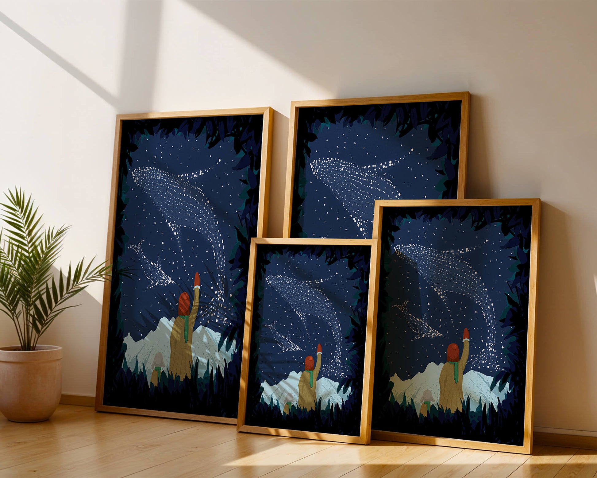 Starry night with whale constellations and mountain scenery