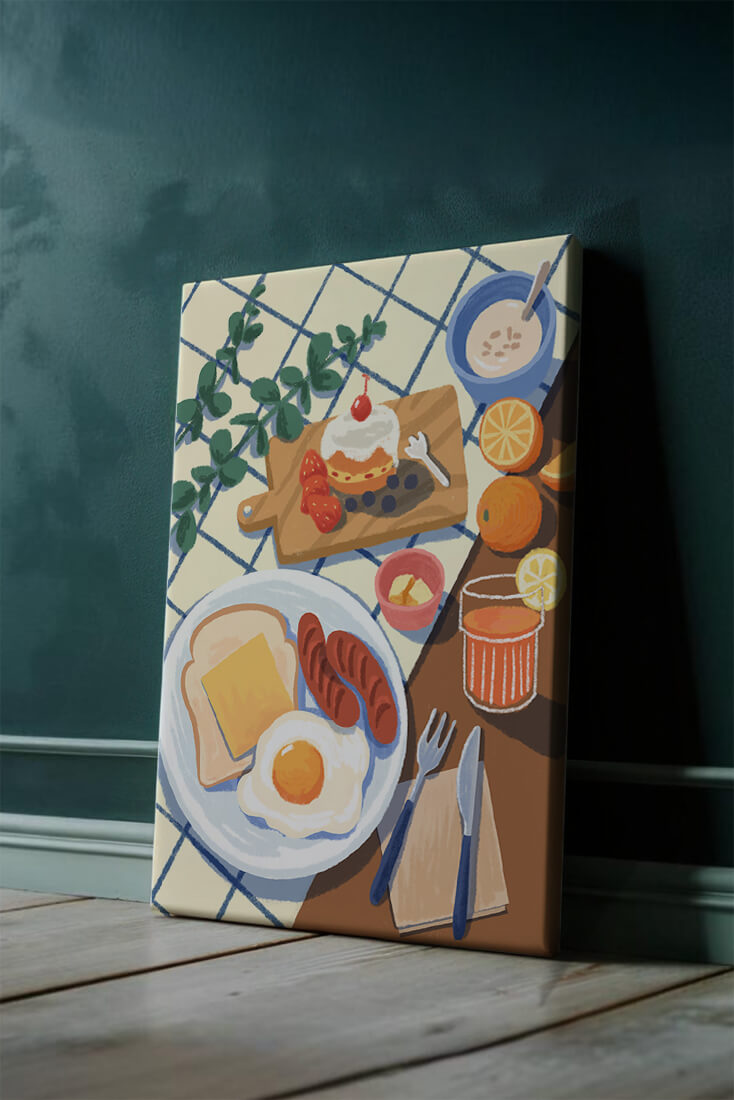 Escena de desayuno colorida con comida y bebida