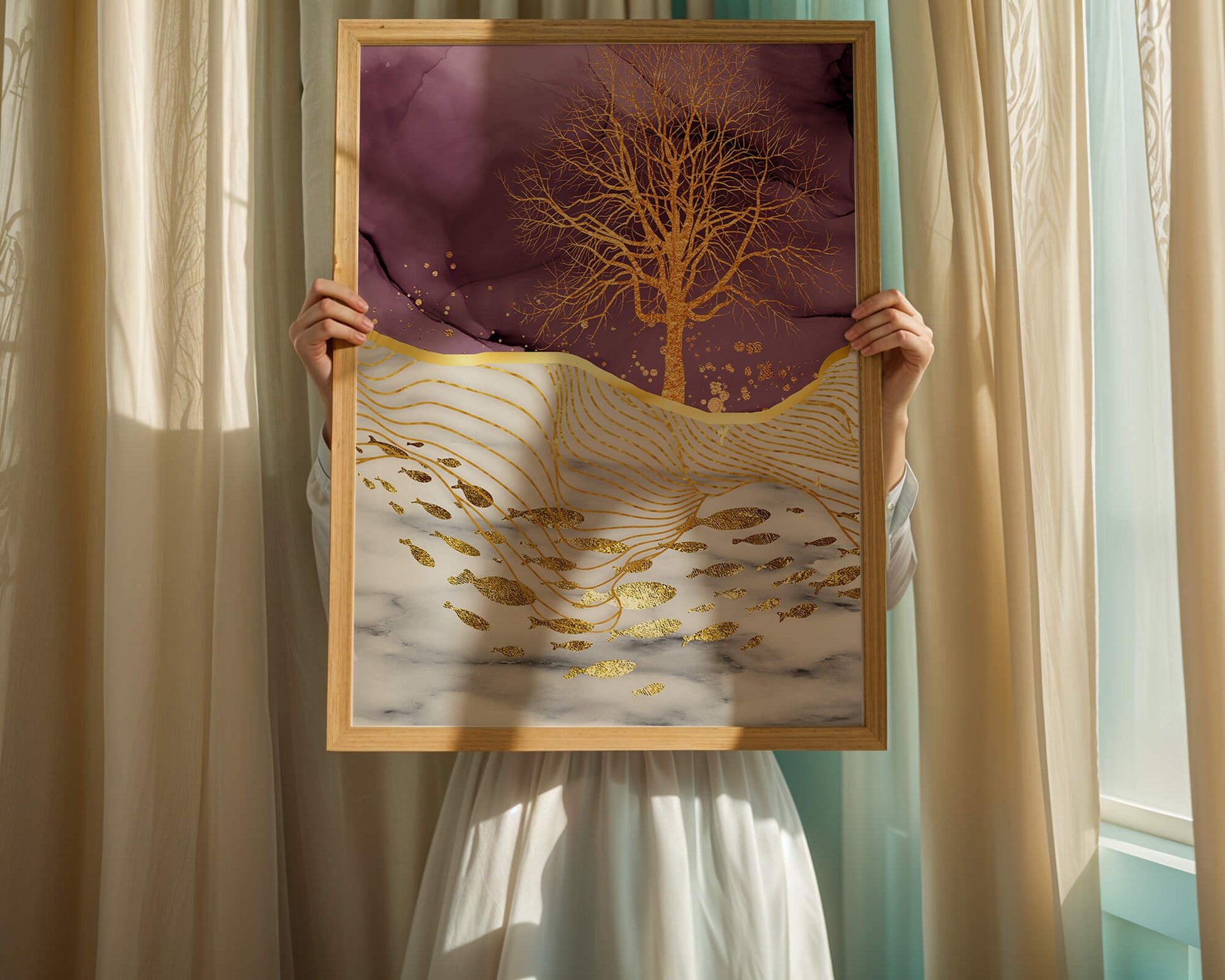 Abstract Tree with Gold Fish on Marble Background