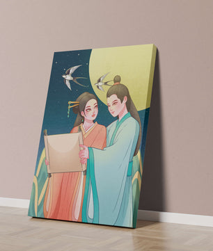Elegant illustration of traditional attire with scroll and swallows under a full moon