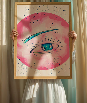 Abstract Eye Illustration with Pink Background and Blue Accents - Mi tienda