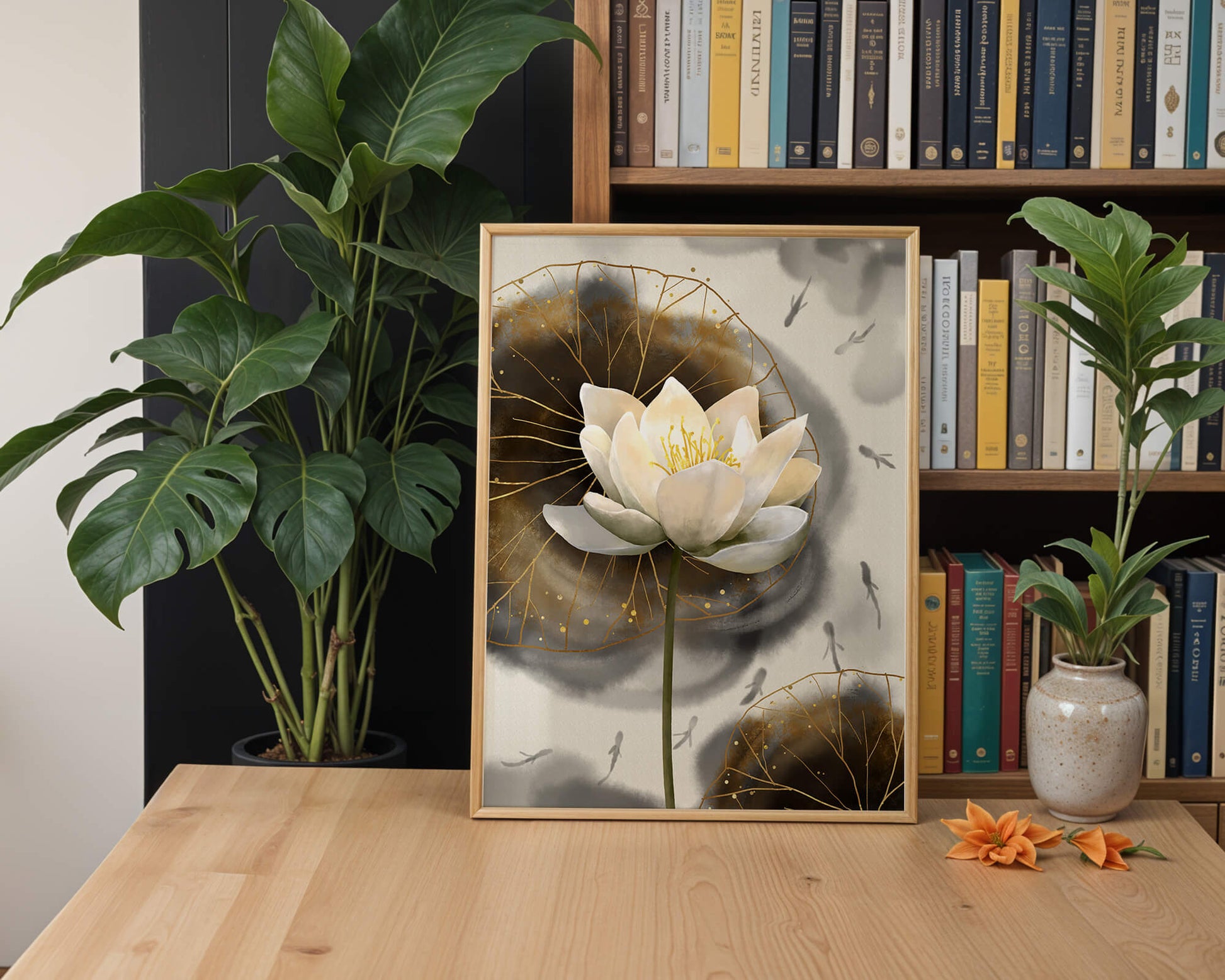 Illustration of a lotus flower with golden accents