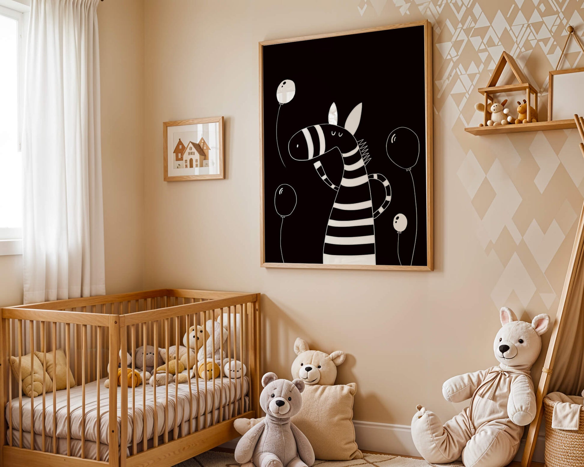 Cebra juguetona con globos en arte minimalista en blanco y negro
