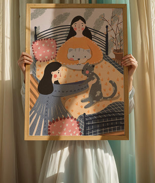 Escena interior acogedora con mujeres, gatos y elementos decorativos