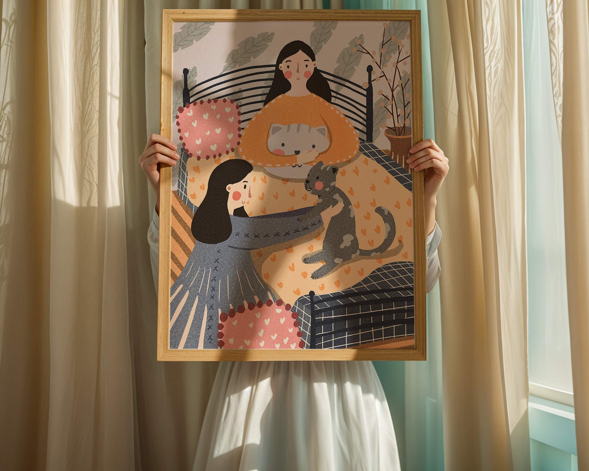 Escena interior acogedora con mujeres, gatos y elementos decorativos