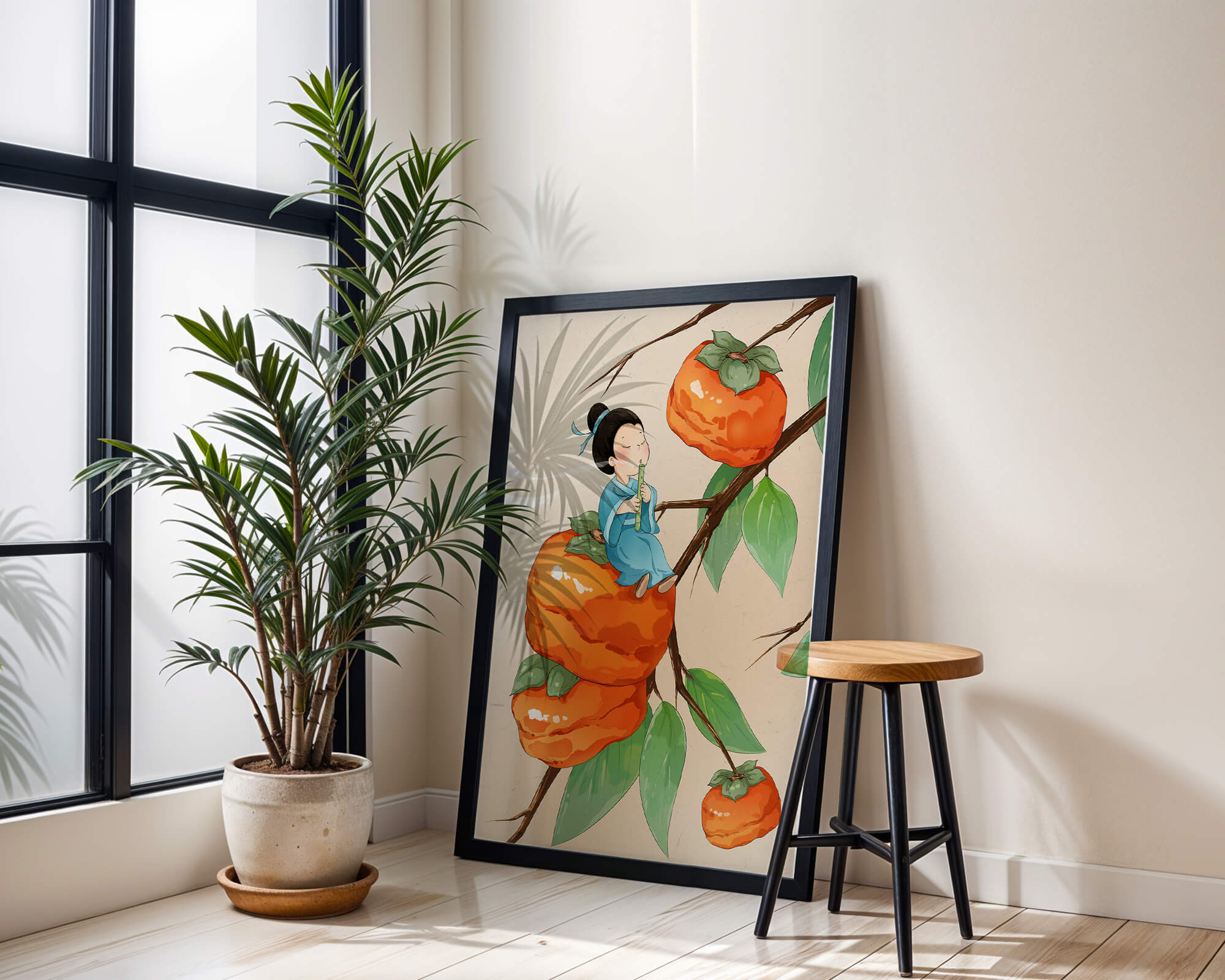 Child playing flute on persimmon-filled tree in whimsical illustration