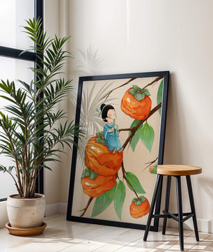 Child playing flute on persimmon-filled tree in whimsical illustration