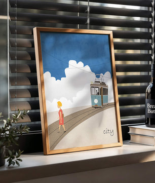 Urban scene with tram and pedestrian under a blue sky