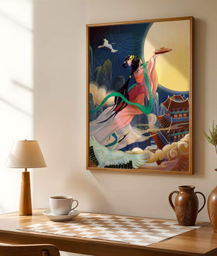 Oriental Fantasy Scene with Woman Offering Gift to the Moon