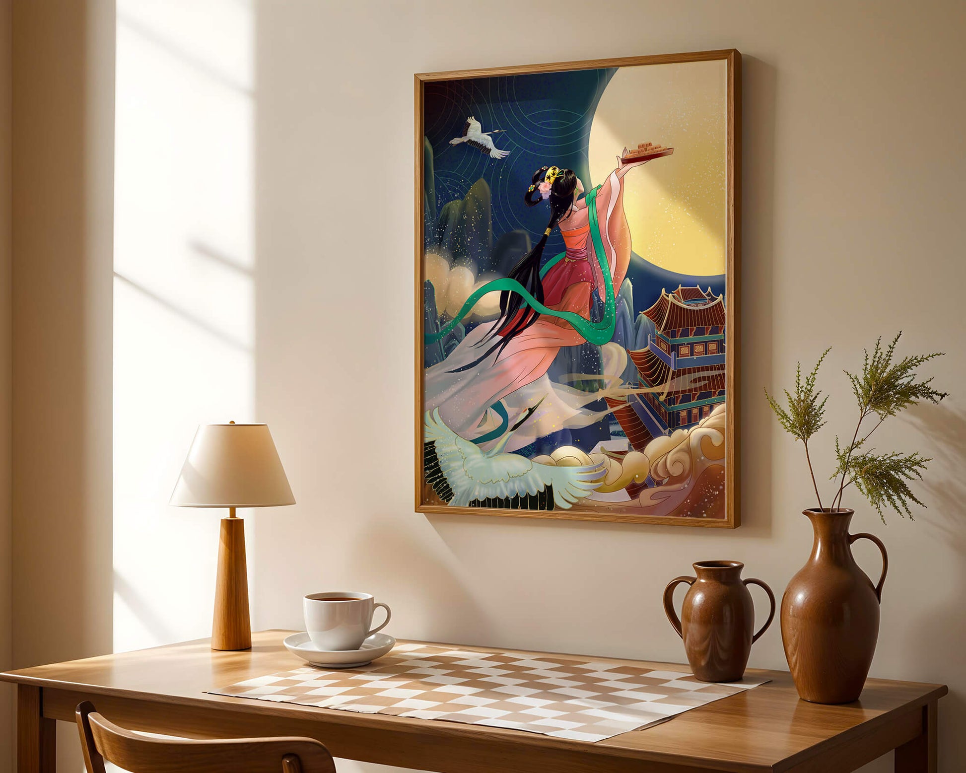 Oriental Fantasy Scene with Woman Offering Gift to the Moon
