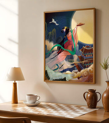 Oriental Fantasy Scene with Woman Offering Gift to the Moon