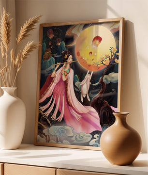 Traditional Asian Art with Flute Player and Moon Rabbit