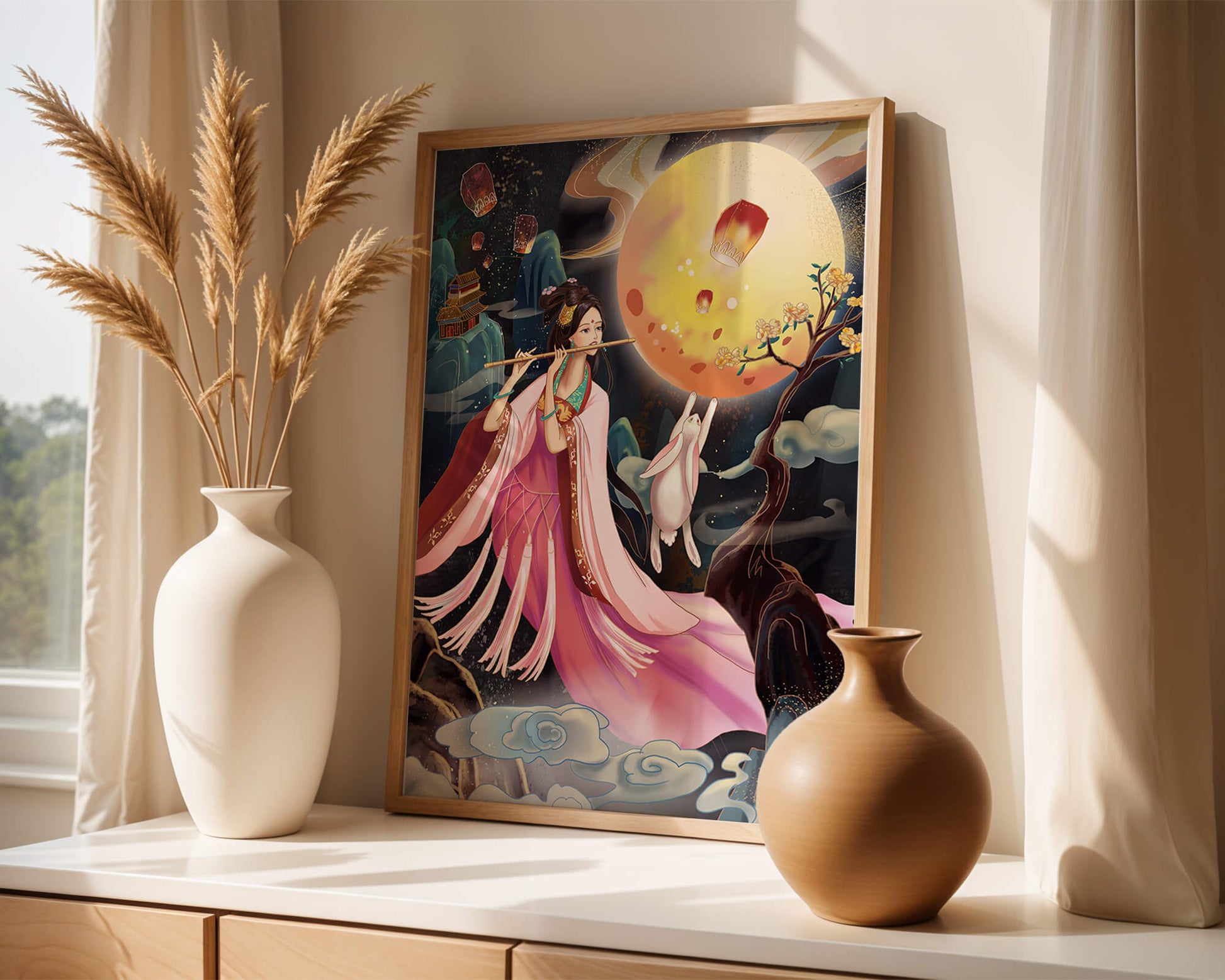 Traditional Asian Art with Flute Player and Moon Rabbit