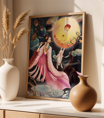 Traditional Asian Art with Flute Player and Moon Rabbit